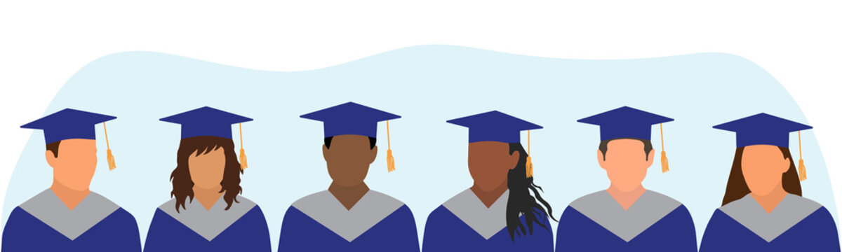 Graduates of different ethnicity in dark blue mantle and academic square cap. Graduation ceremony. Vector illustration