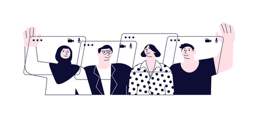 Video call connecting for keep social distancing. People have online meeting. Flat Art Vector illustration