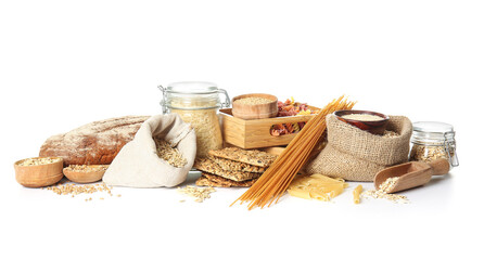 Set of different products on white background