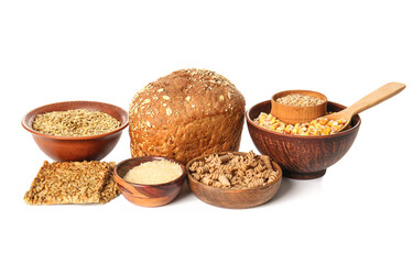 Set of different products on white background