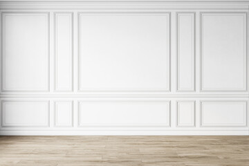 Classic white empty interior with wall panels, moldings and wooden floor. 3d render illustration mock up.