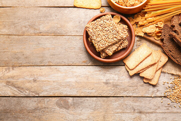 Set of different products on wooden background