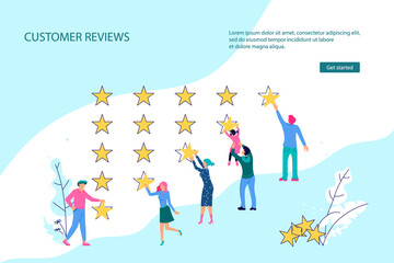 Landing webpage template of Customer review and satisfaction rating. Tiny people with stars giving their choice for feedback concept. Flat Art Vector Illustration.