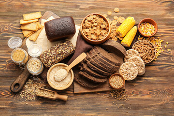 Set of different products on wooden background