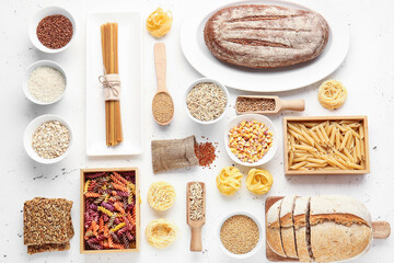 Set of different products on light background