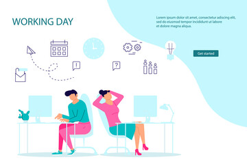 Landing webpage template of business characters working in office. Colleagues or clerks at workplace. Flat Art Vector illustration.