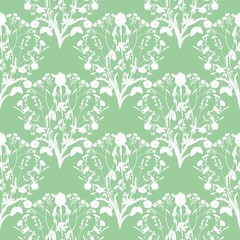 Ornament with bouquets of wild flowers on a green background. Seamless vector pattern.