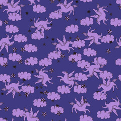 ペガサスと雲。シームレスなパターン。テキスタイル、壁紙、包装紙のデザイン。