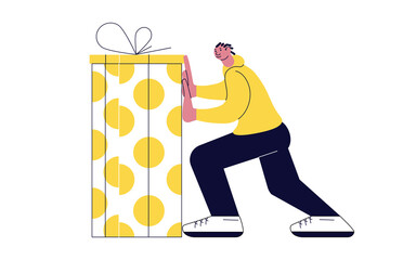 Young man pushes in front of him a huge gift . Giving gifts for a holiday concept isolated on white in modern outline minimalism design. Flat Art Vector Illustration.