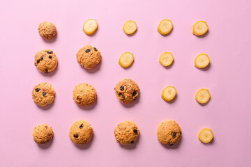 Composition with tasty banana cookies on color background