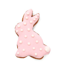 Tasty Easter cookie in shape of bunny on white background