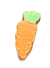 Tasty Easter cookie in shape of carrot on white background