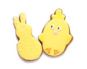Tasty Easter cookies on white background