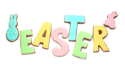 Tasty Easter cookies on white background