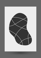 Minimalist abstract black and white artistic design for cover and poster or wall decoration, vector. Flowing shape stain with liquid lines pattern for interior design.