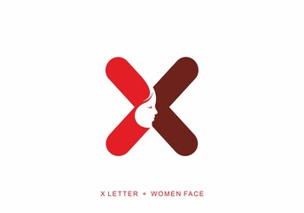 Red color of X initial letter with women face shape