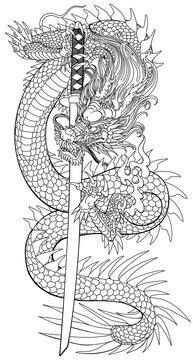 A Japanese dragon with a katana sword. Asian and Eastern mythological creature. Isolated tattoo style outline vector illustration 