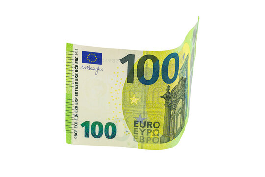 One curved 100 euro banknote isolated on white without shadow