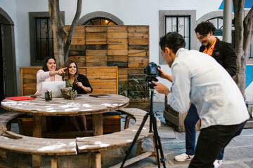 mexican people teamwork recording business vlog. Video presentation for social networks, blog in Mexico city
