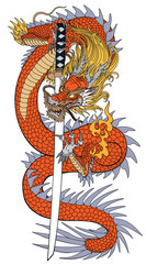 A Japanese dragon with a katana sword. Asian and Eastern mythological creature. Isolated tattoo style vector illustration