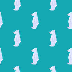 Minimalistic style seamless animal pattern in childish style with polar bears. Turquoise background. Doodle artwork.