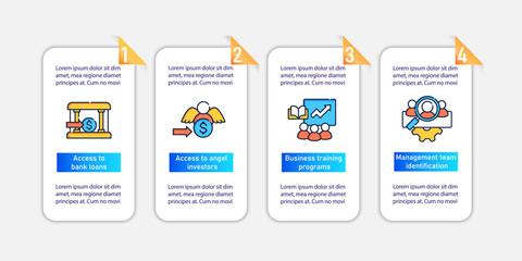 Business incubator vector infographics. Successfully startup template design elements. Presentation with 4 step. Business development layout, info chart, banner 