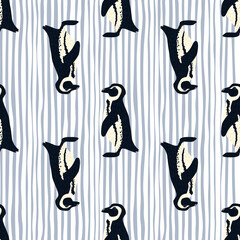 Wildlife seamless pattern with cartoon animal penguin print. White and blue striped background.