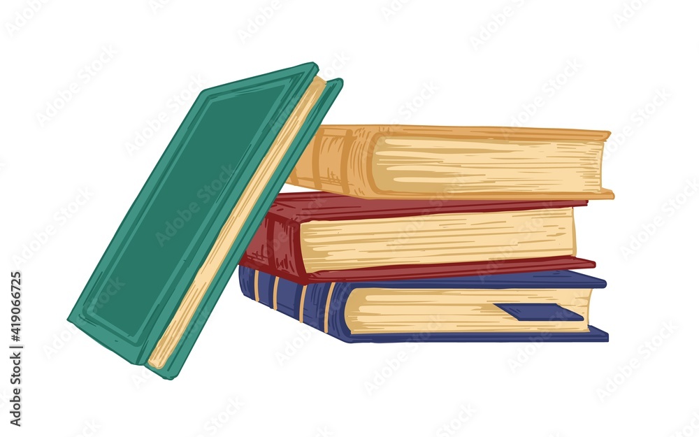 Poster stack of ancient academic books isolated on white background. pile of old textbooks, encyclopedias a