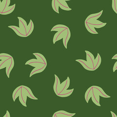 Minimalistic seamless pattern with doodle simple leaf bush random ornament. Green palette artwork.