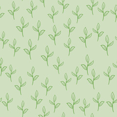 Random seamless pattern in hand drawn style with little green branches print. Grey background.
