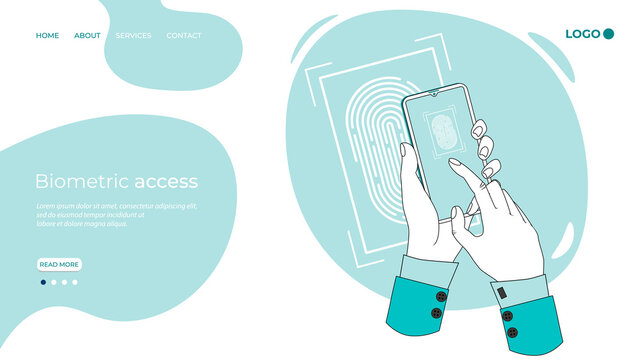 Biometric access.A person with a smartphone gets access to their data using a biometric scanner.The concept of data protection.Flat vector illustration.The landing page template.