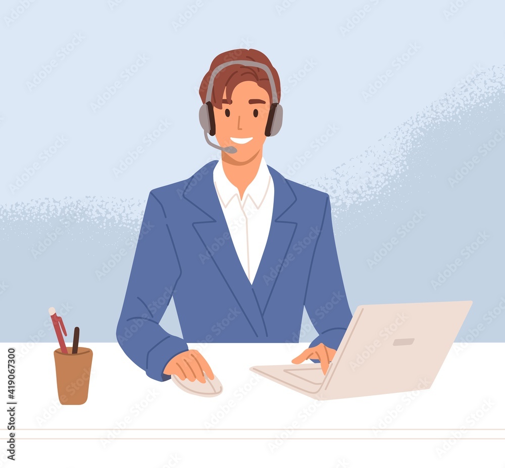 Aufkleber Smiling operator of call center in headset consulting customers online. Support agent working at helpline service. Colored flat vector illustration of business consultant at workplace