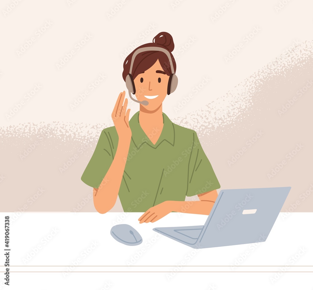 Aufkleber Operator of call center in headset consulting clients online. Worker of hotline service working at desk with laptop. Colored flat vector illustration of agent in customer support department