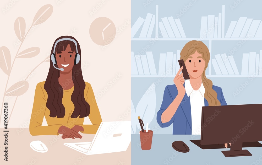 Poster businesswoman at workplace talking to assistant of call center. operator of customer support service