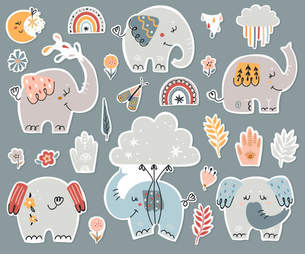 Boho elephants stickers Collection.