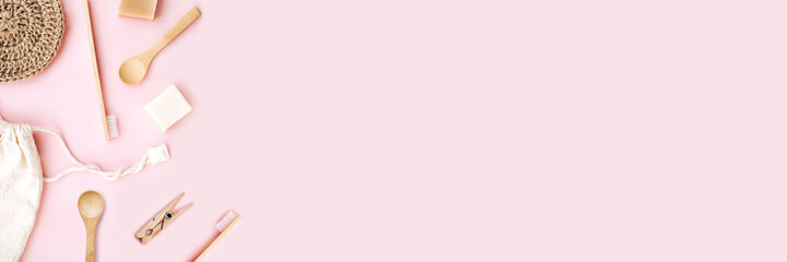 Banner made from zero waste set for bathing on light pink background.