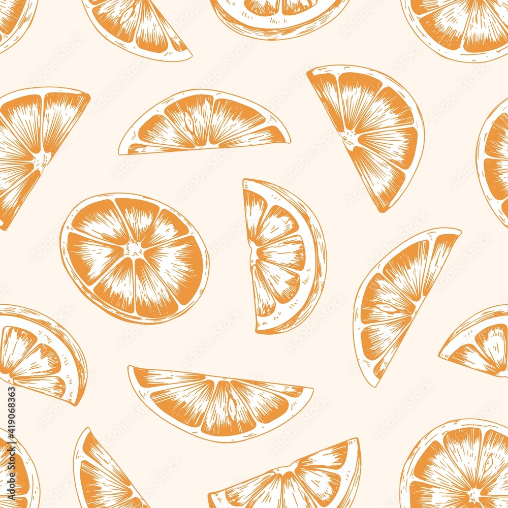 Aufkleber Seamless pattern with orange slices and sections. Endless repeatable fruity design for printing. Hand-drawn detailed vector illustration of background with scattered fruit segments