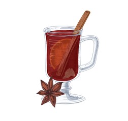 Glass of hot red mulled wine with winter spices and fruits. Spicy drink with cinnamon stick, cardamom seeds, star anise and orange slice. Hand-drawn vector illustration isolated on white background