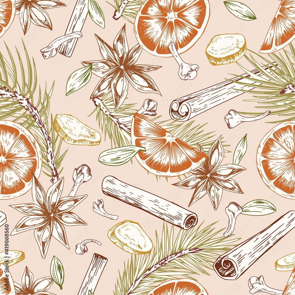 Poster seamless pattern with winter christmas spices. endless repeatable design with pine branches, cinnamo