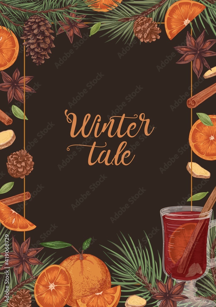 Poster template of vertical card with hot winter mulled wine, herbs and spices on dark background. frame wi