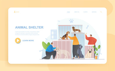 Male and female characters are adopting animals in shelter. Visitors came to pet dogs sitting in cages of shelter. Website, web page, landing page template. Flat cartoon vector illustration