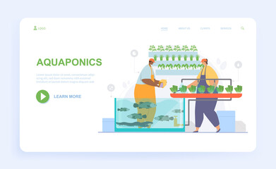 Male and female characters are working on aquaponics. Man and woman producing food by connecting aquaculture and hydroponics. Website, web page, landing page template. Flat cartoon vector illustration