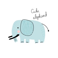Cute blue elephant on white background. Vector illustration for printing on packaging paper, fabric, postcard, clothing. Cute children's background