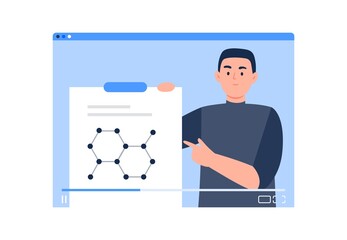 Online science learning. Video tutorial from professionals, bloggers. Online education, e-learning, studying at home. Vector flat illustration.