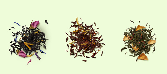 Tea heaps top view, assortment of dry leaves and flowers isolated on background. Red, green, black herbal dried fresh beverages. Healthy, organic drink, Realistic 3d vector illustration, set
