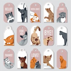 Collection of tags with cats of different breeds. Greeting, gift cards, postcards with cute adorable cat pets. Printable templates set cartoon vector illustration