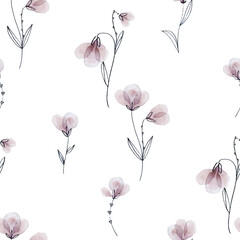 delicate color watercolor floral pattern, stems and leaves pencil drawing, graphic strokes on a white background