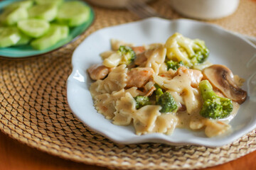 Pasta with mushrooms and chicken. Lunch for one.