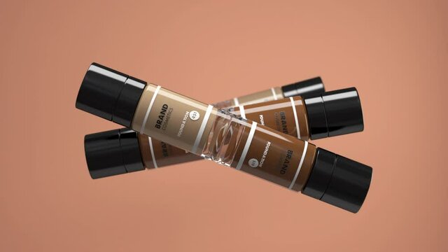 Realistic 3d animation of rotating bottles of foundation in different tones. Vials with tone number. Natural tonal cream, cosmetic product for women and stylists. Make-up and beauty concept.