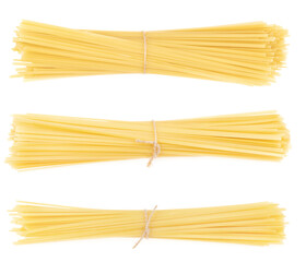 Collage bunch of pasta isolated on white background. spaghetti tied with rope